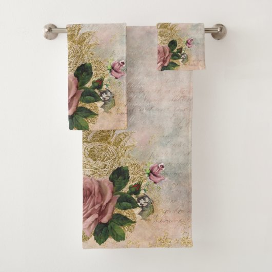 Steampunk Glam | Rosa und goldene Rose Rustikale F Badhandtuch Set (Insitu)