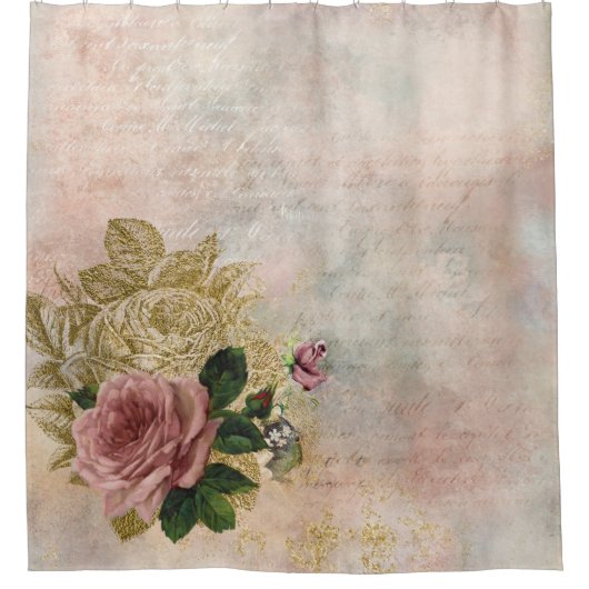 Steampunk Glam | Rosa und goldene Rose Rustikale F Duschvorhang (Vorderseite)