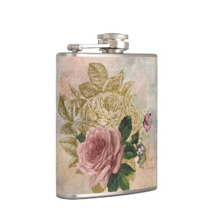 Steampunk Glam Rosa und goldene Rose Rustikale F Flachmann