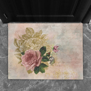 Steampunk Glam Rosa und goldene Rose Rustikale F Fußmatte