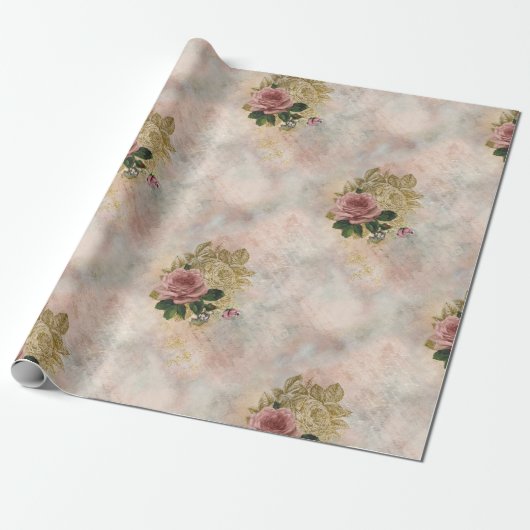 Steampunk Glam | Rosa und goldene Rose Rustikale F Geschenkpapier (Ungerollt)