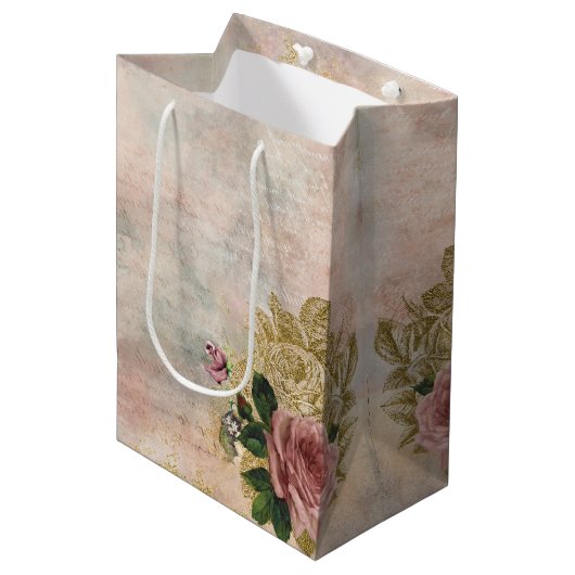Steampunk Glam | Rosa und goldene Rose Rustikale F Mittlere Geschenktüte (Vorderseite Schrägansicht)