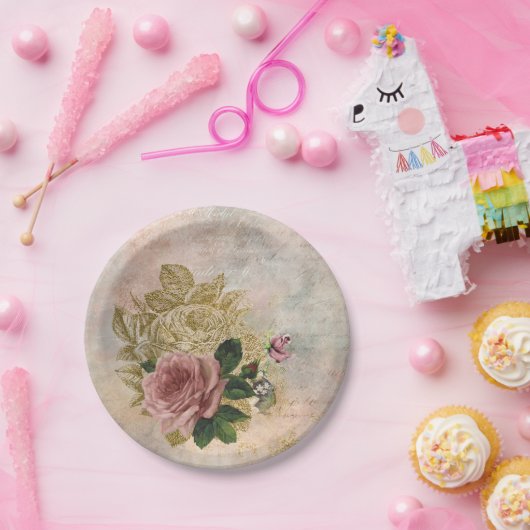 Steampunk Glam | Rosa und goldene Rose Rustikale F Pappteller (Party)