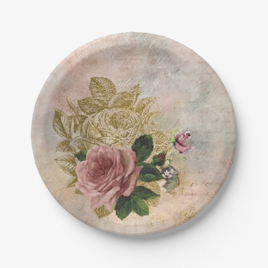 Steampunk Glam | Rosa und goldene Rose Rustikale F Pappteller (Vorderseite)
