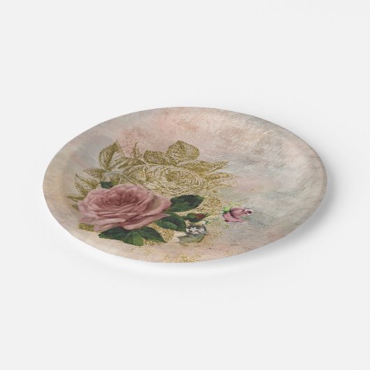 Steampunk Glam | Rosa und goldene Rose Rustikale F Pappteller (Schrägansicht)