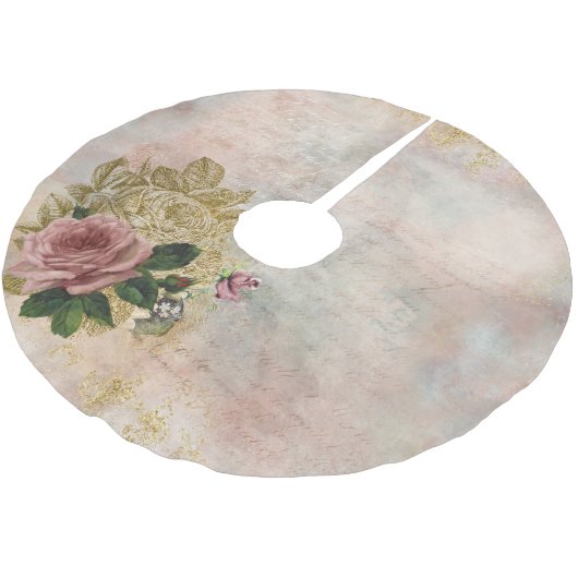 Steampunk Glam | Rosa und goldene Rose Rustikale F Polyester Weihnachtsbaumdecke (Schrägansicht)