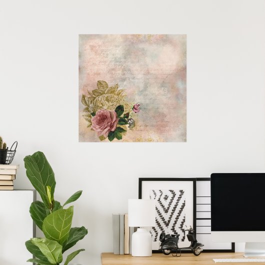 Steampunk Glam | Rosa und goldene Rose Rustikale F Poster (Heimbüro)