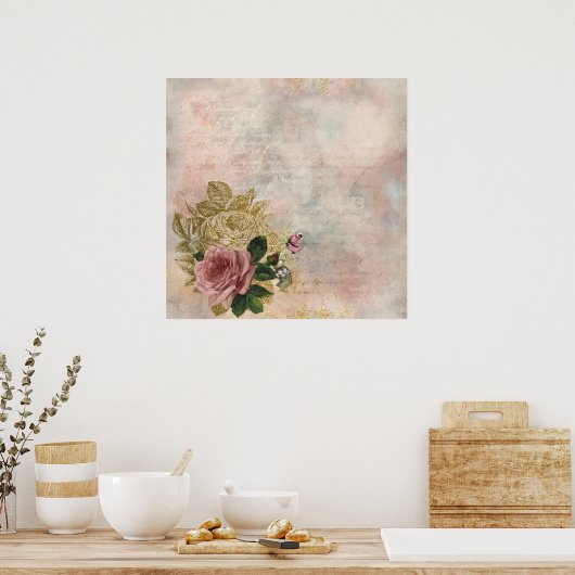 Steampunk Glam | Rosa und goldene Rose Rustikale F Poster (Küche)