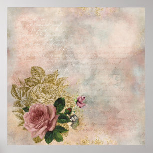 Steampunk Glam   Rosa und goldene Rose Rustikale F Poster