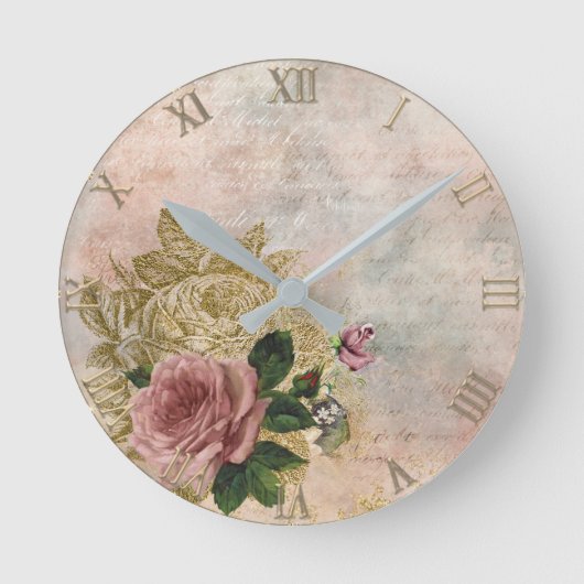 Steampunk Glam | Rosa und goldene Rose Rustikale F Runde Wanduhr (Vorderseite)