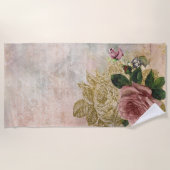 Steampunk Glam | Rosa und goldene Rose Rustikale F Strandtuch (Vorderseite)