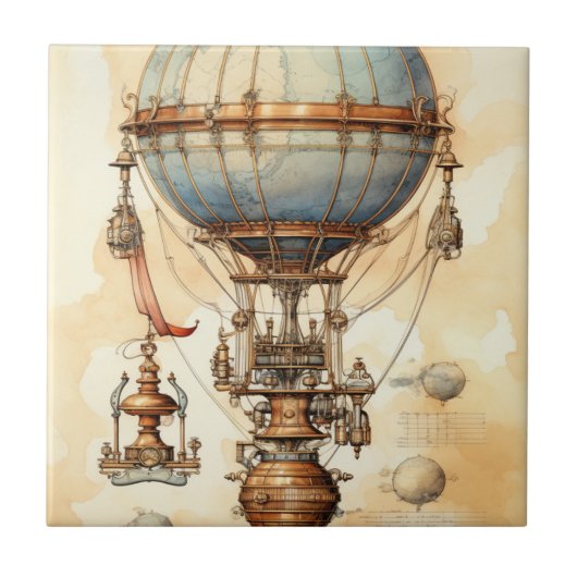 Steampunk-Globus Luftschiff Blaupause Blau Messing Fliese (Vorderseite)