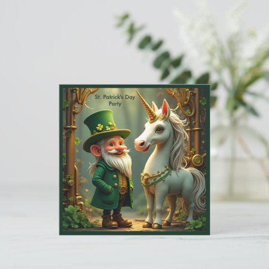 Steampunk Gnome-Leprechaun Unicorn St Patricks Day Einladung (Stehend Vorderseite)