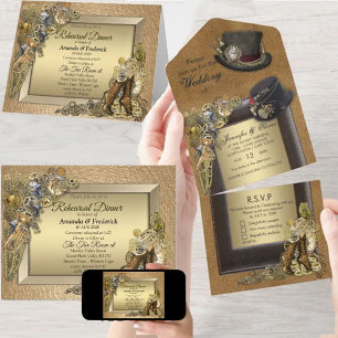 Steampunk & Gold-Leder-Einladung zur Hochzeit All In One Einladung