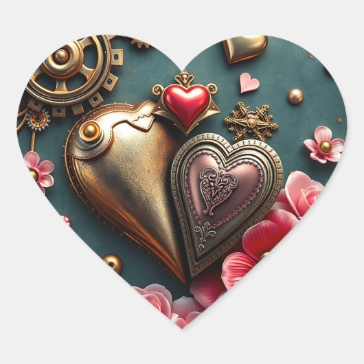 Steampunk, Gold Metal Hearts and Gears Herz-Aufkleber (Vorderseite)