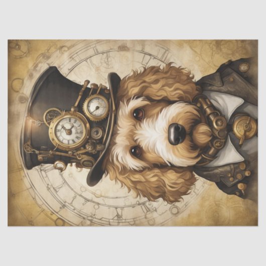 Steampunk Golden Doodle: Whimsical Decoupage Seidenpapier (Vorderseite)