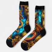 Steampunk Golden Dragon & Blue Sky auf Black Socken (Linkes Detail)