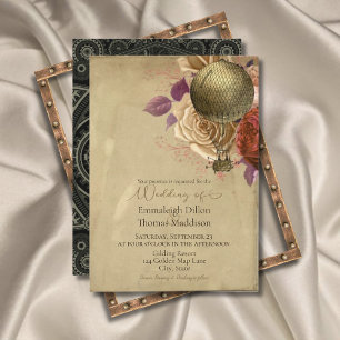Steampunk Golden Heißluftballon Florale Hochzeit Einladung
