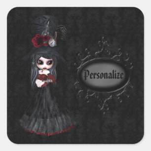 Steampunk-Goth-Girl-Schwarze personalisierte Aufkl Quadratischer Aufkleber