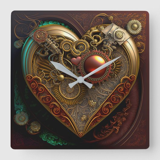 Steampunk Heart Wall Clock Quadratische Wanduhr (Vorderseite)