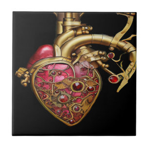 Steampunk-Herz Anatomische Rubine und Zahnräder Fliese