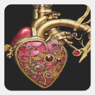 Steampunk-Herz Anatomische Rubine und Zahnräder Quadratischer Aufkleber