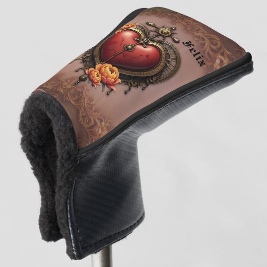 Steampunk Herz mit Blume. Golf Headcover (3/4 Vorderseite)