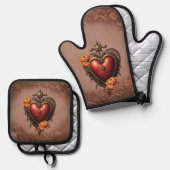 Steampunk Herz mit Blume. Ofenhandschuh & Topflappen-Set (Vorderseite/Rückseite)