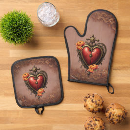 Steampunk Herz mit Blume. Ofenhandschuh & Topflappen-Set