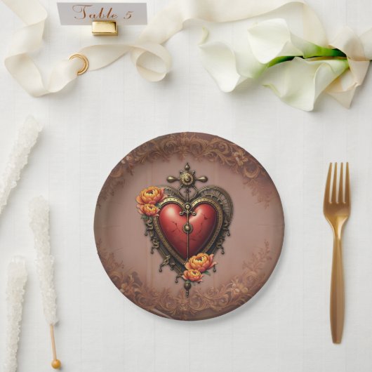 Steampunk Herz mit Blume. Pappteller (Hochzeit)