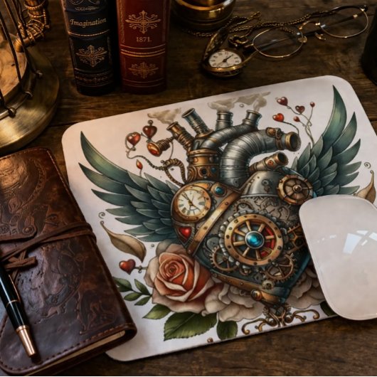 Steampunk Herz mit Flügeln und Rose Mousepad