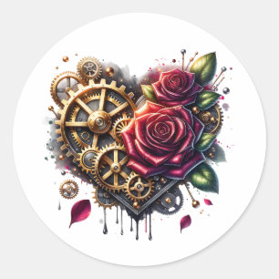 Steampunk Herz und Rose Runder Aufkleber