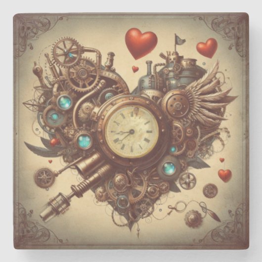 Steampunk-Herz/Valentinstag Steinuntersetzer (Vorderseite)