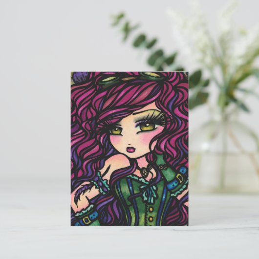 Steampunk Hot Air Ballon Girl Fantasy Art Postkarte (Stehend Vorderseite)
