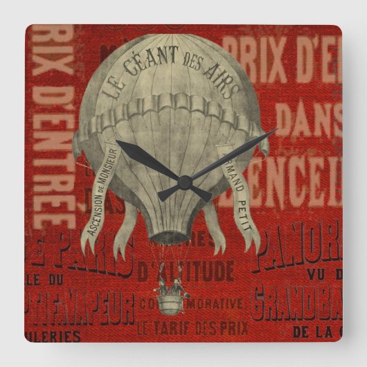 Steampunk Hot Air Ballon Ride Graphic Schriftartes Quadratische Wanduhr (Vorderseite)