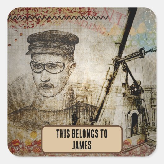 Steampunk Inventor Scientist Telescope gehört Quadratischer Aufkleber (Vorderseite)