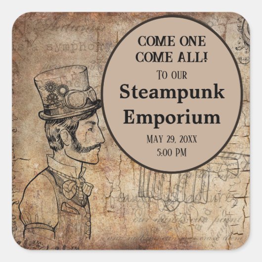 Steampunk Inventor Top Hat Personalisiertes Ereign Quadratischer Aufkleber (Vorderseite)