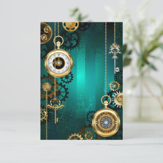 Steampunk Jewelry Watch, wir haben Green Backgroun Einladung (Stehend Vorderseite)