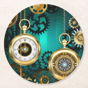 Steampunk Jewelry Watch, wir haben Green Backgroun Runder Pappuntersetzer