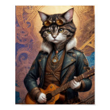 Steampunk-Katze in Ledermantel, Gitarre spielend -