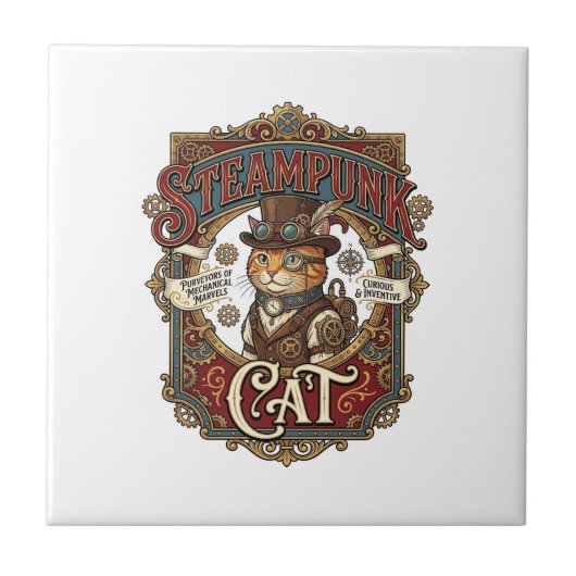 Steampunk-Katze Katze Steampunk Vintage Fliese (Vorderseite)