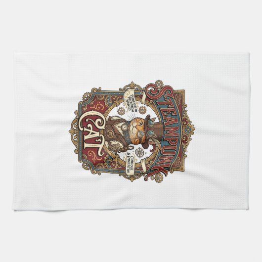 Steampunk-Katze Katze Steampunk Vintage Geschirrtuch (Horizontal)