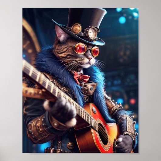 Steampunk-Katze mit Tophut und Brille, Gitarrist Poster (Vorne)