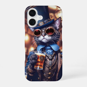 Steampunk-Katze mit Zylinder und Bierdeckel iPhone 16 Hülle
