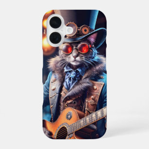 Steampunk-Katze spielt Gitarre, Zylinder und Schut iPhone 16 Hülle