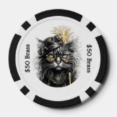 Steampunk-Katze spielt mit messingfarbenem SPAß Pokerchips (Rückseite)