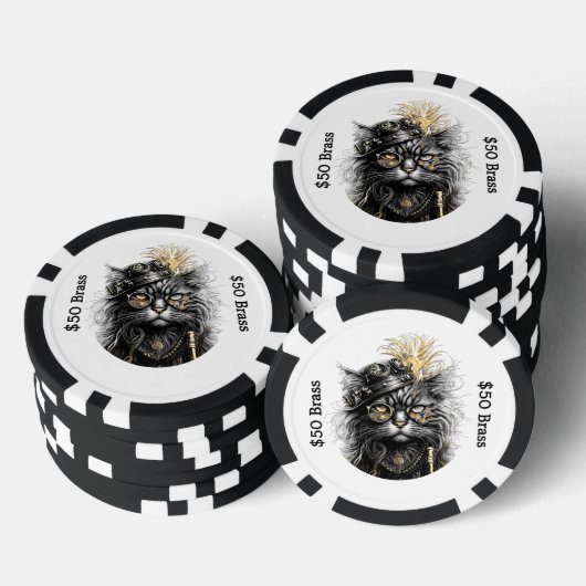 Steampunk-Katze spielt mit messingfarbenem SPAß Pokerchips (Stapel)