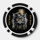Steampunk-Katze spielt mit messingfarbenem SPAß Pokerchips (Rückseite)