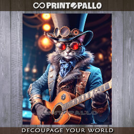 Steampunk-Katze: Zylinder, Schutzbrille, Gitarre - Geschenkpapier Set