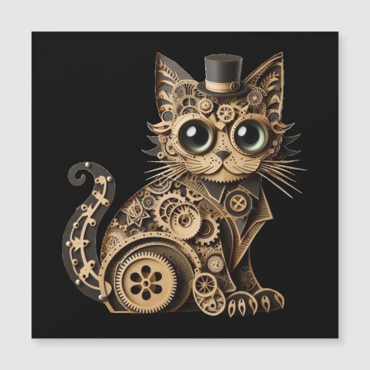 Steampunk Katzenlederkunst Magneteinladung (Vorderseite)